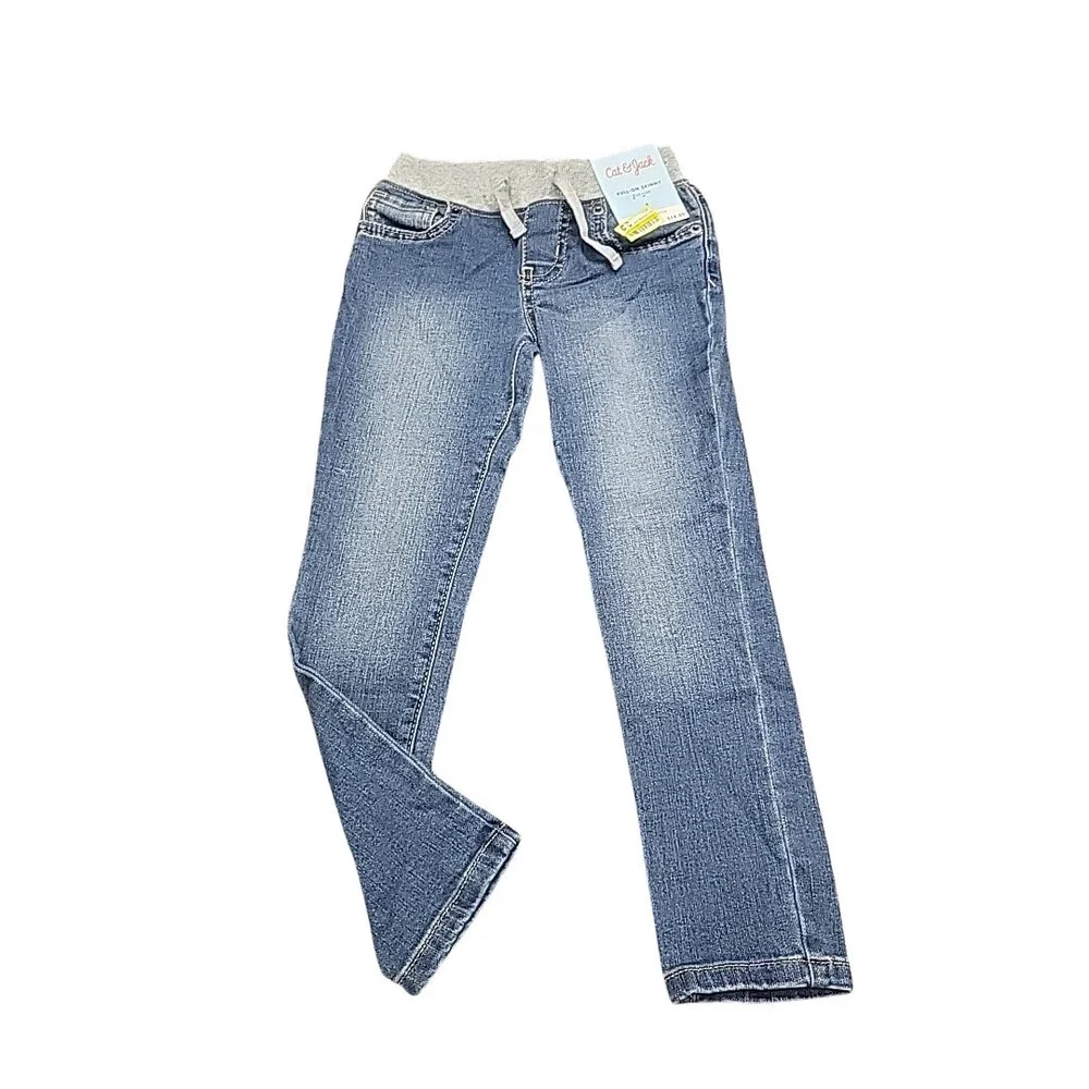 Girls Mid Rise Knit Waist Pull On Skinny Jeans - Cat & Jack Medium Wash Size 4